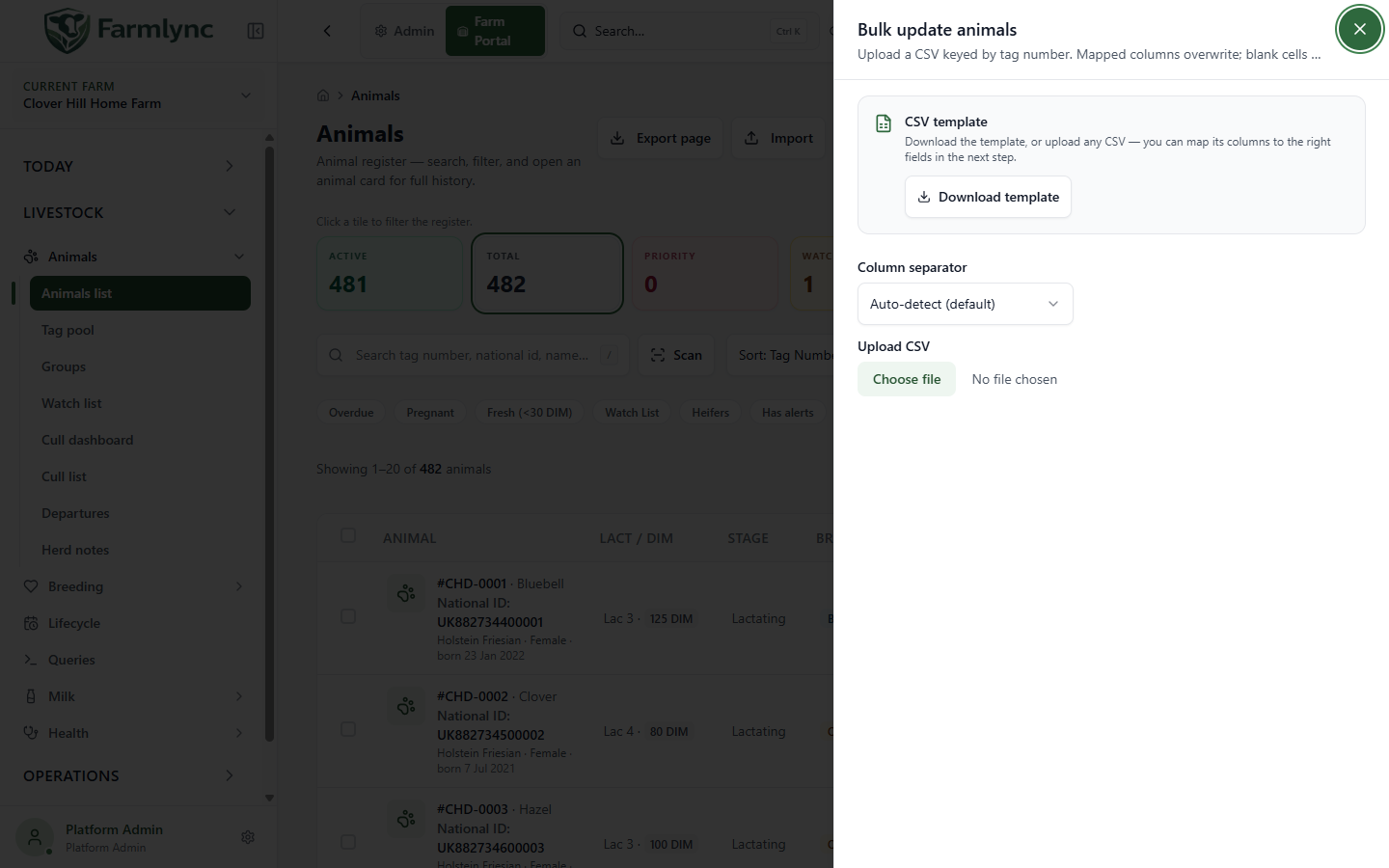 Bulk update slide-over before a CSV is selected