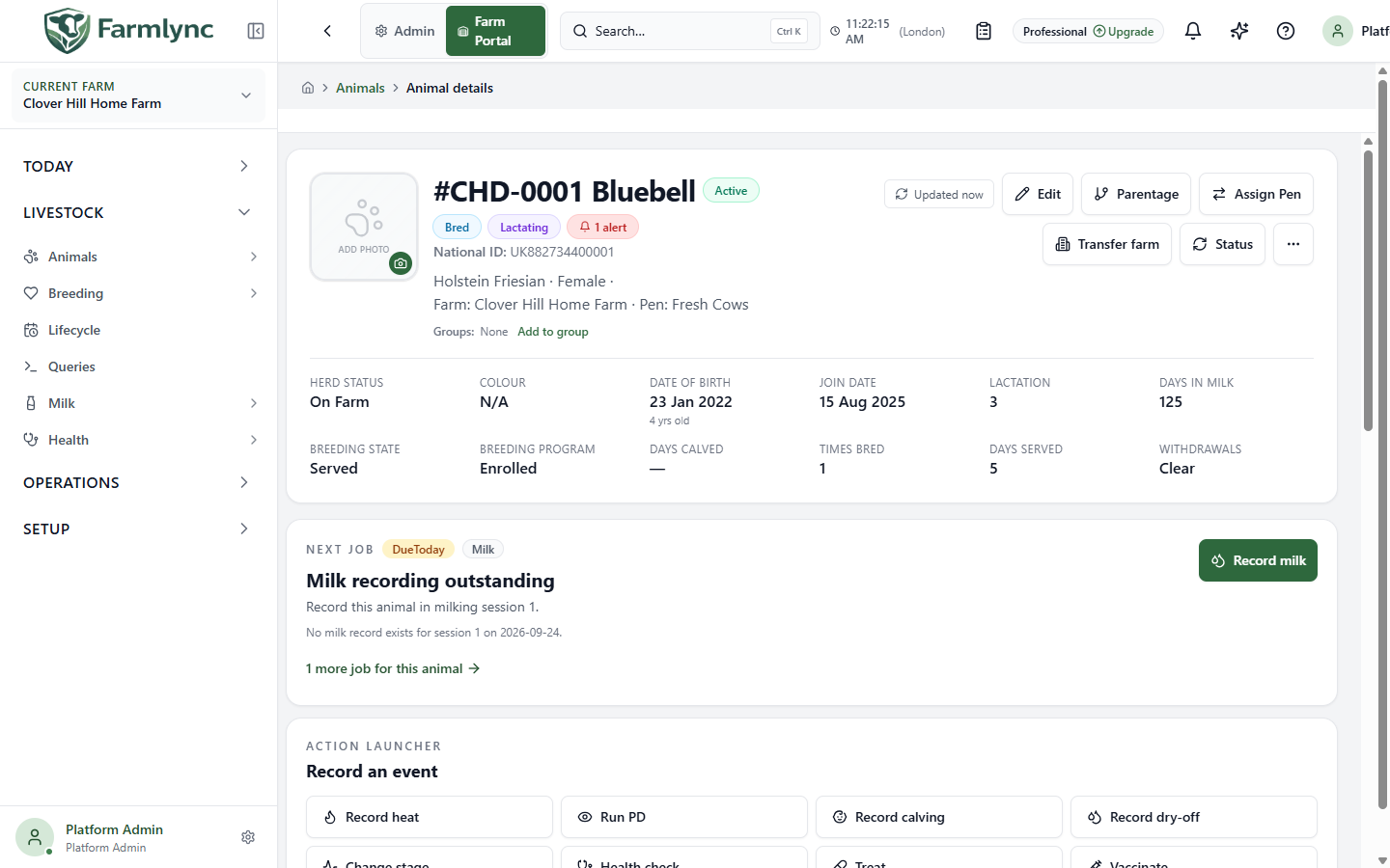 Full animal page with identity, status and action controls