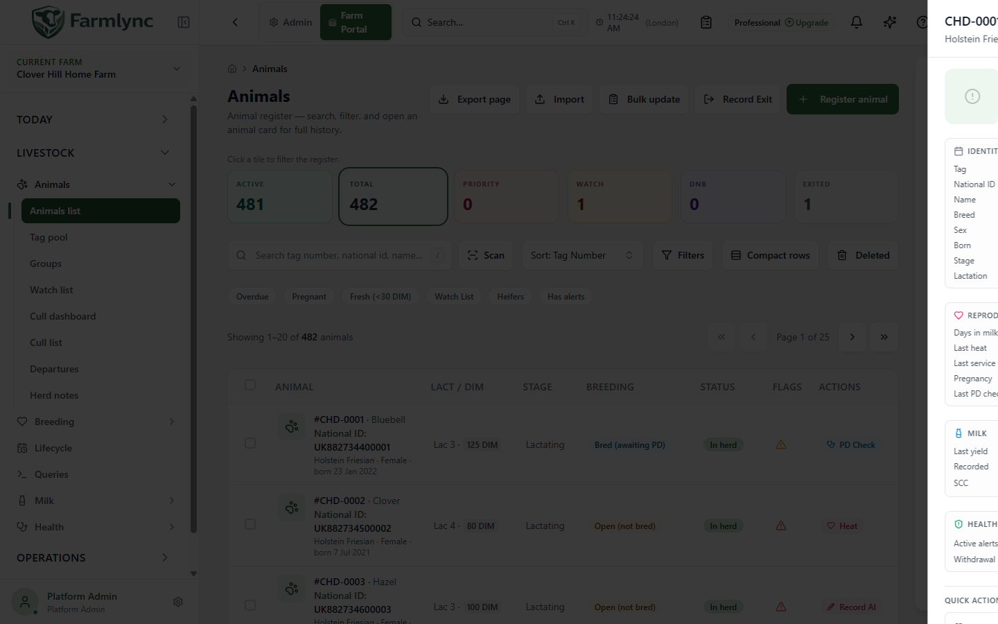 Quick-view drawer opened from an Animals list row