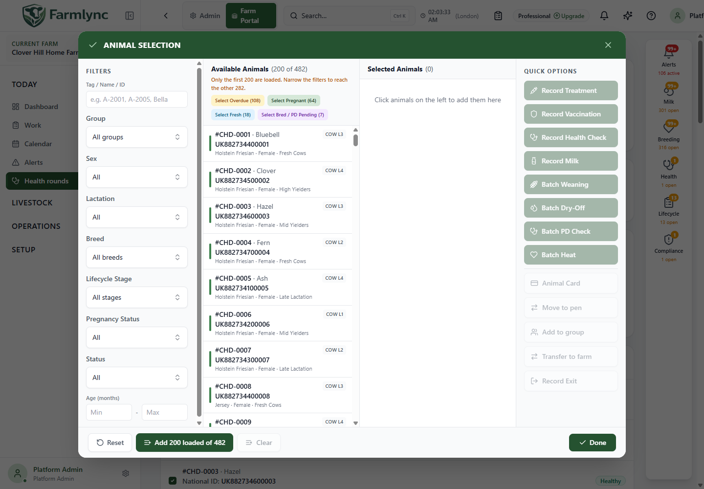 Animal selection with filters, available animals, selected animals and quick options