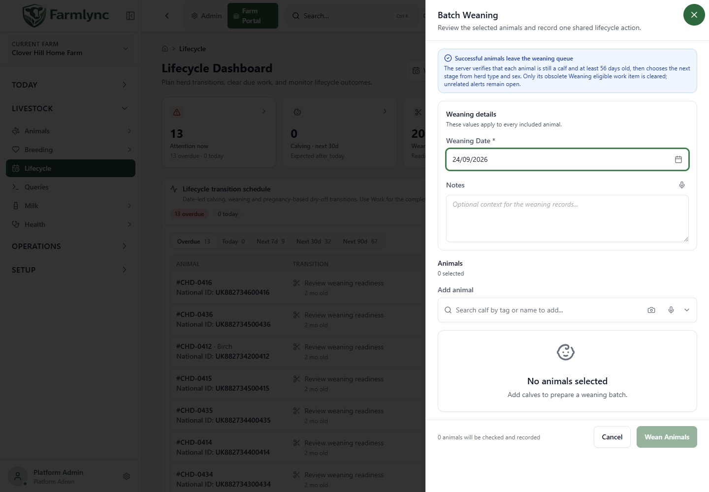 Batch weaning shared date and animal roster