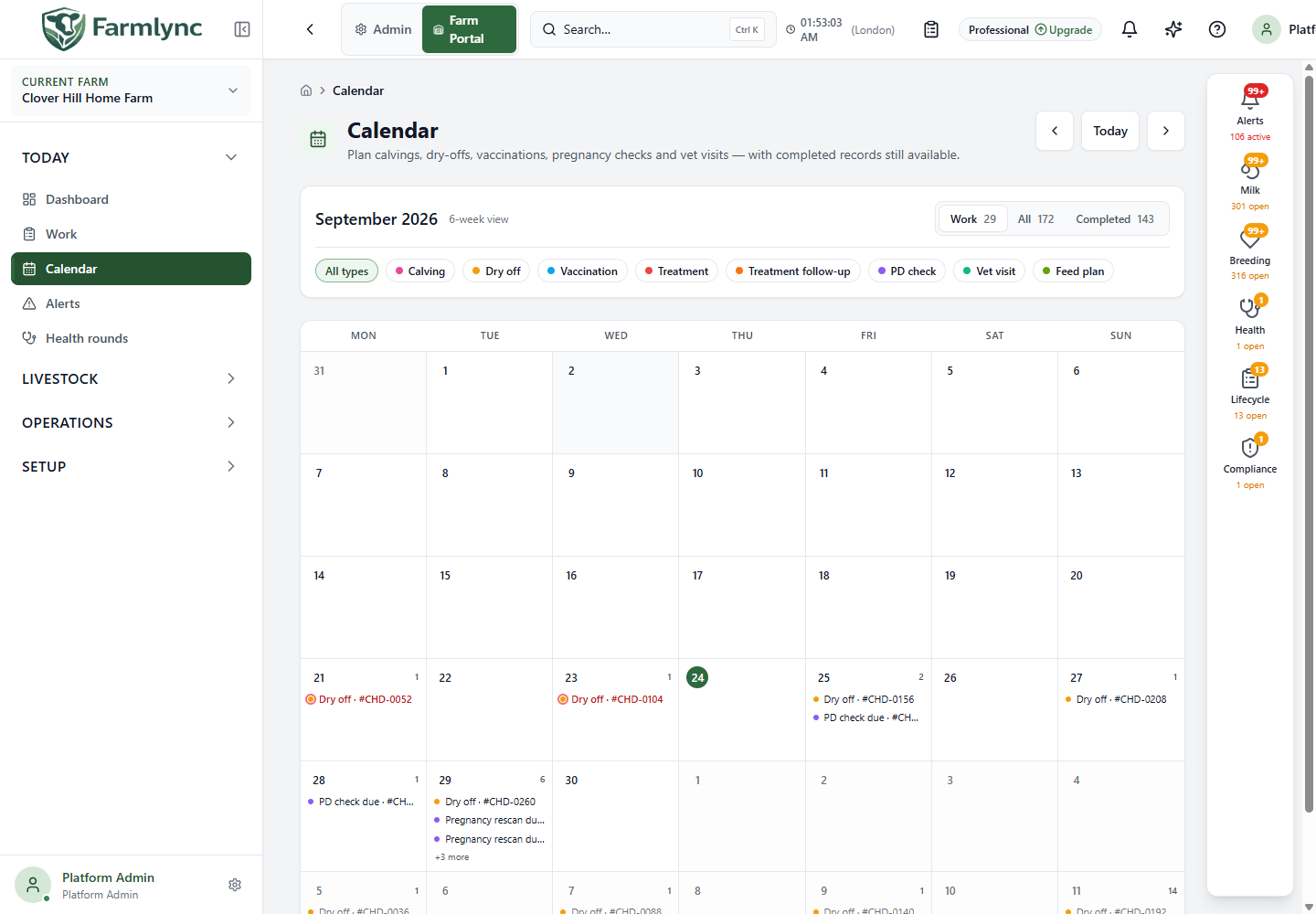 Calendar month with Work, All and Completed views and event-type filters