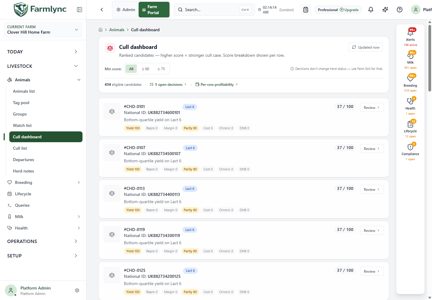 Cull dashboard with score filters and individual score breakdowns