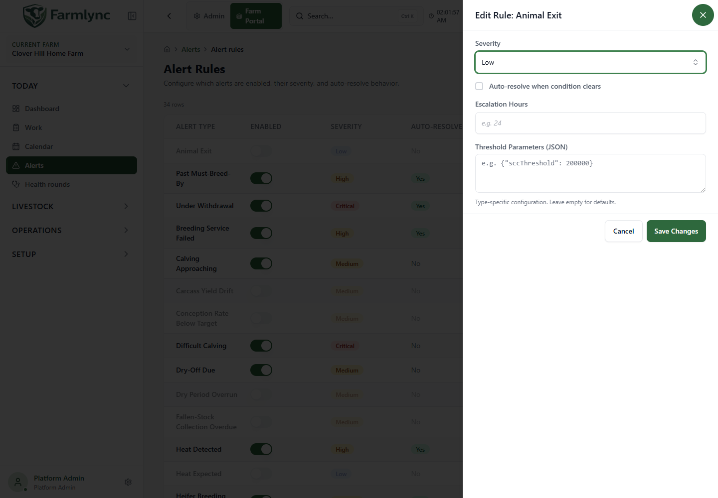 Edit Alert Rule form showing severity, automatic resolution, escalation hours and threshold JSON