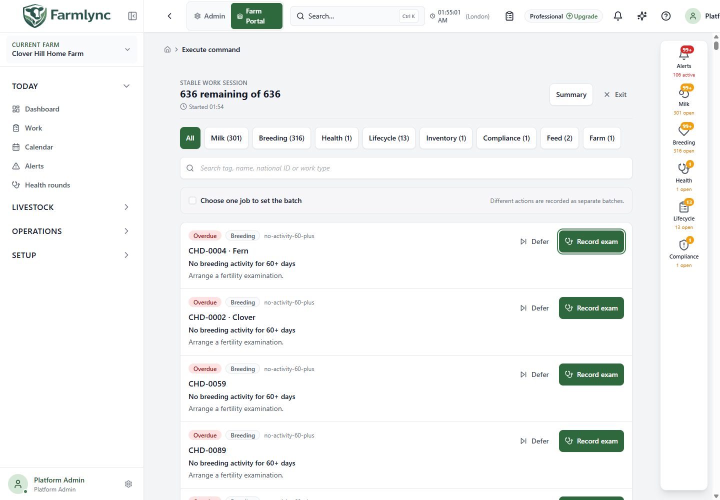 A stable work session showing remaining jobs, filters and recording actions