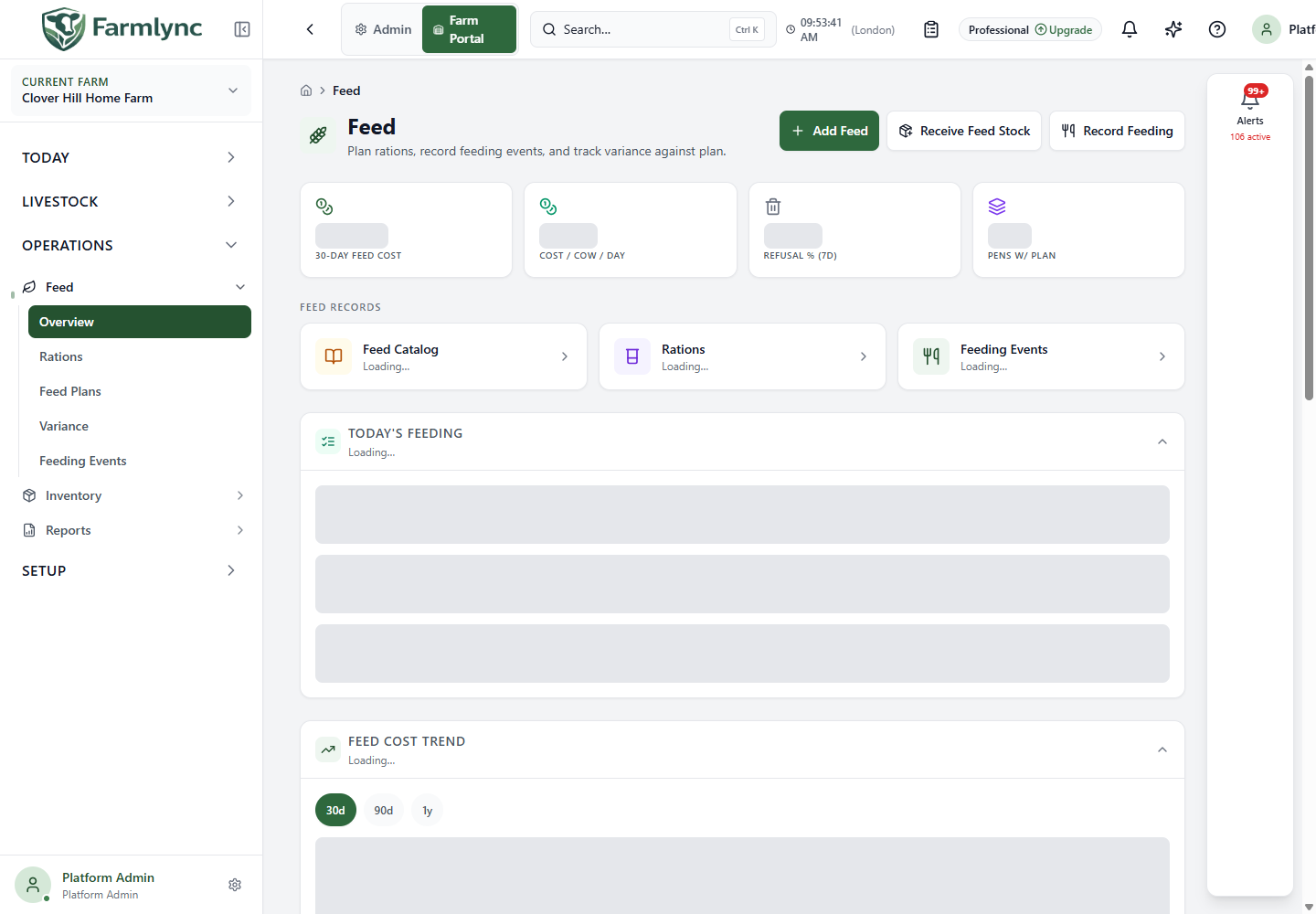 Feed overview with stock and consumption
