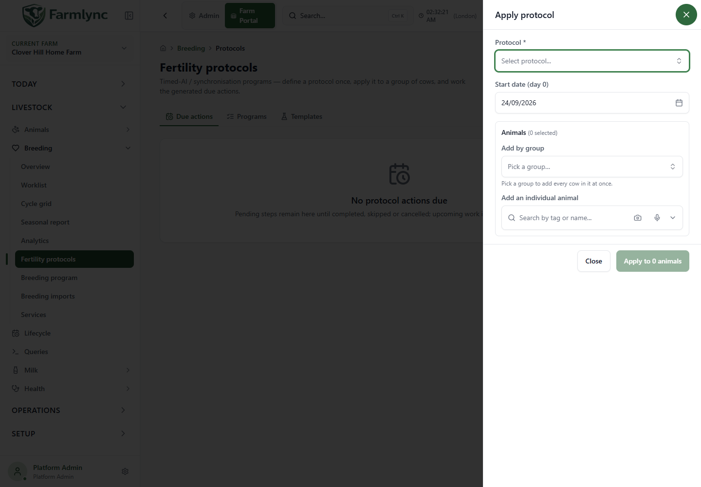 Apply protocol form with start date and animal selectors