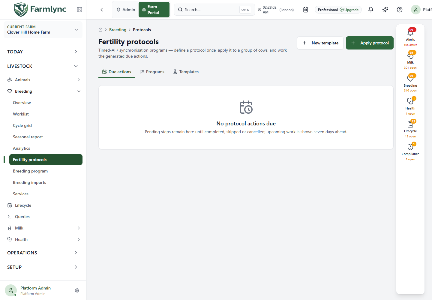 Fertility protocol page and its three tabs
