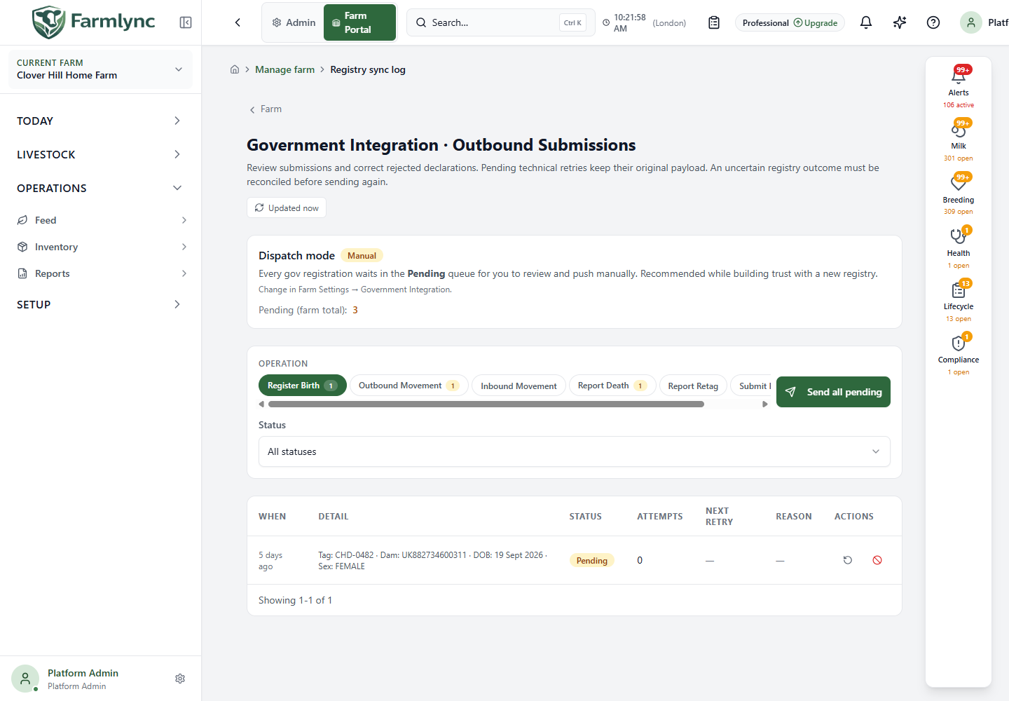 Outbound registry submission log