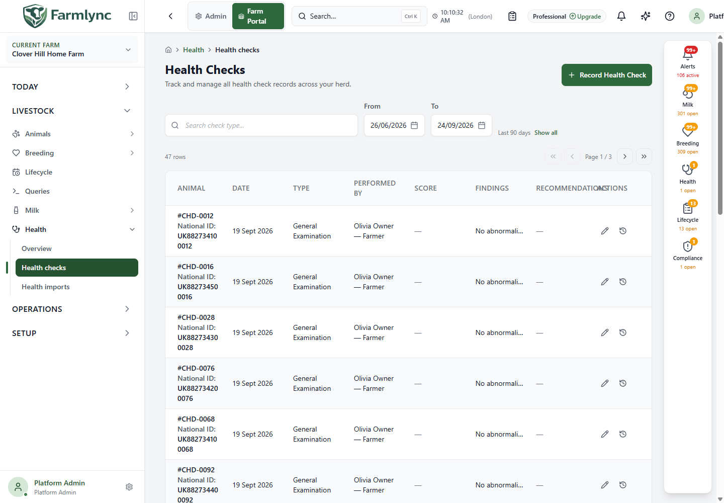 Health check list, filters and actions