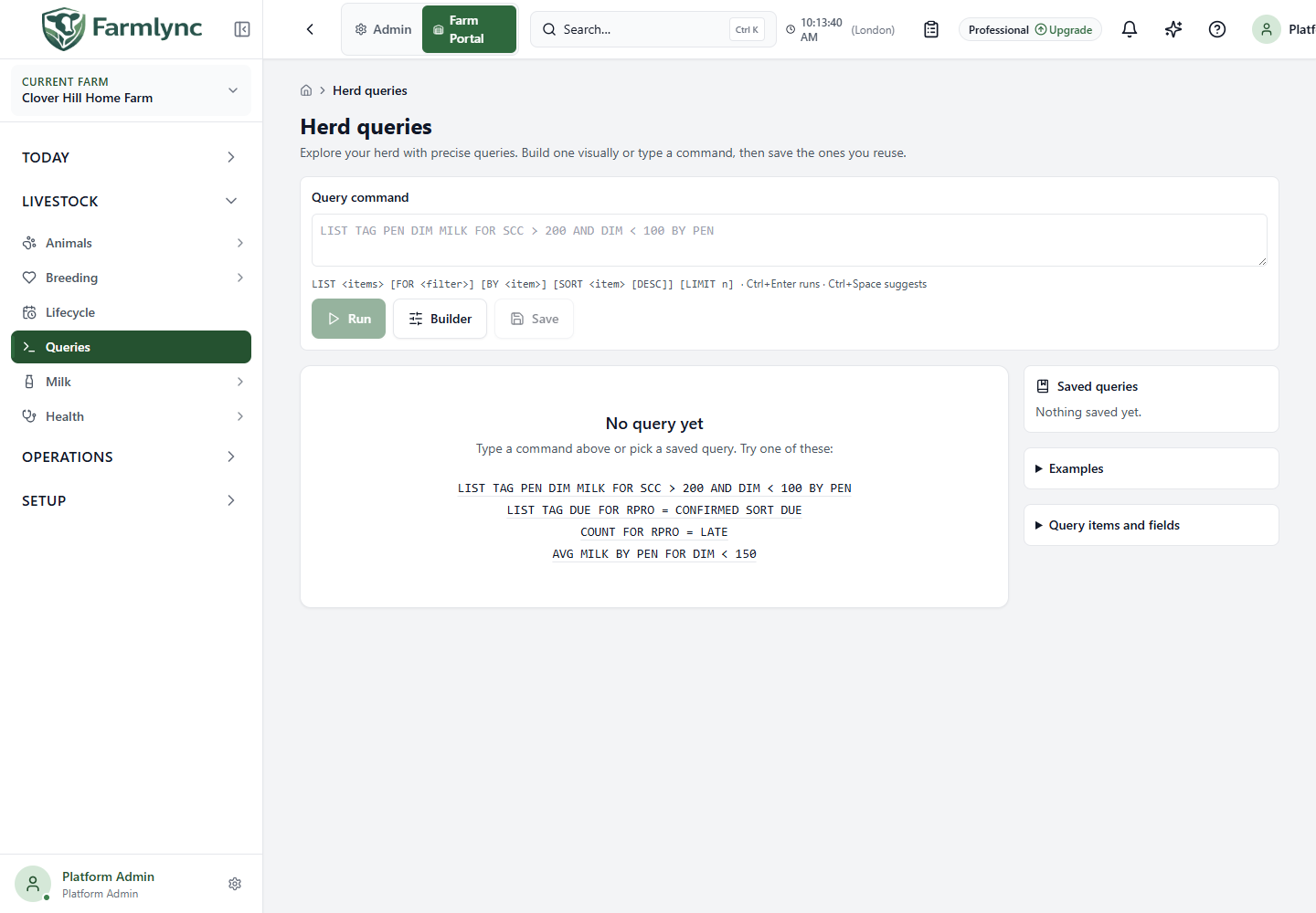 Herd Queries command and result area