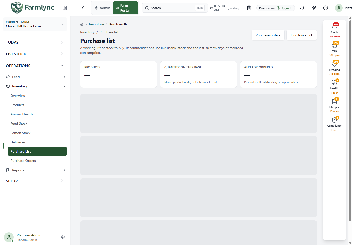 Purchase list with proposed quantities