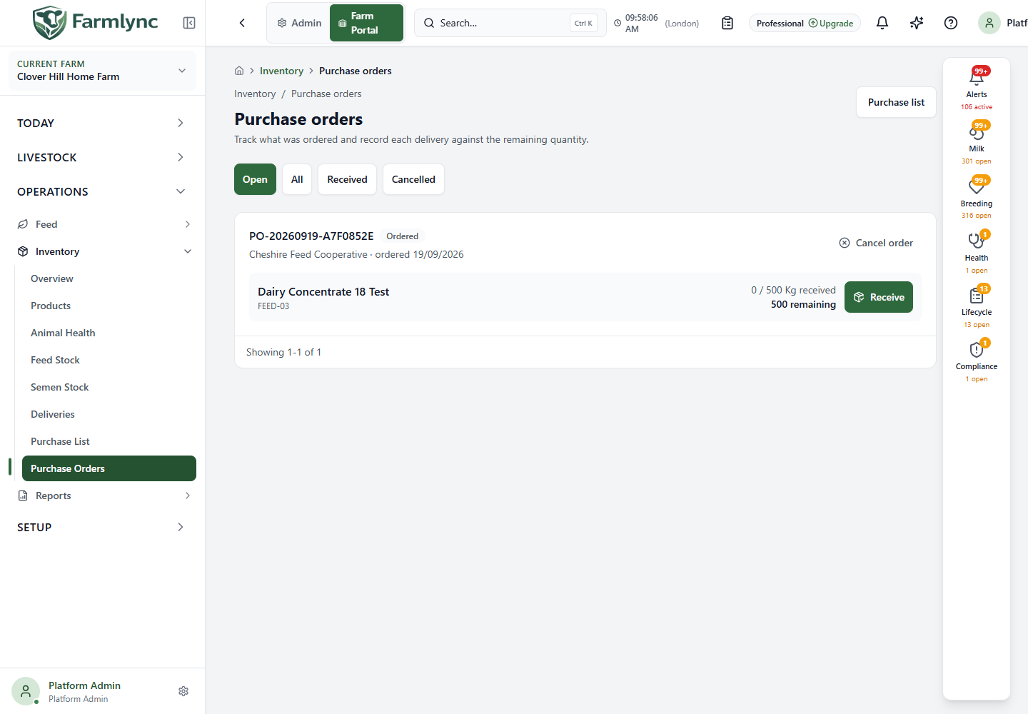 Purchase orders and receipt actions