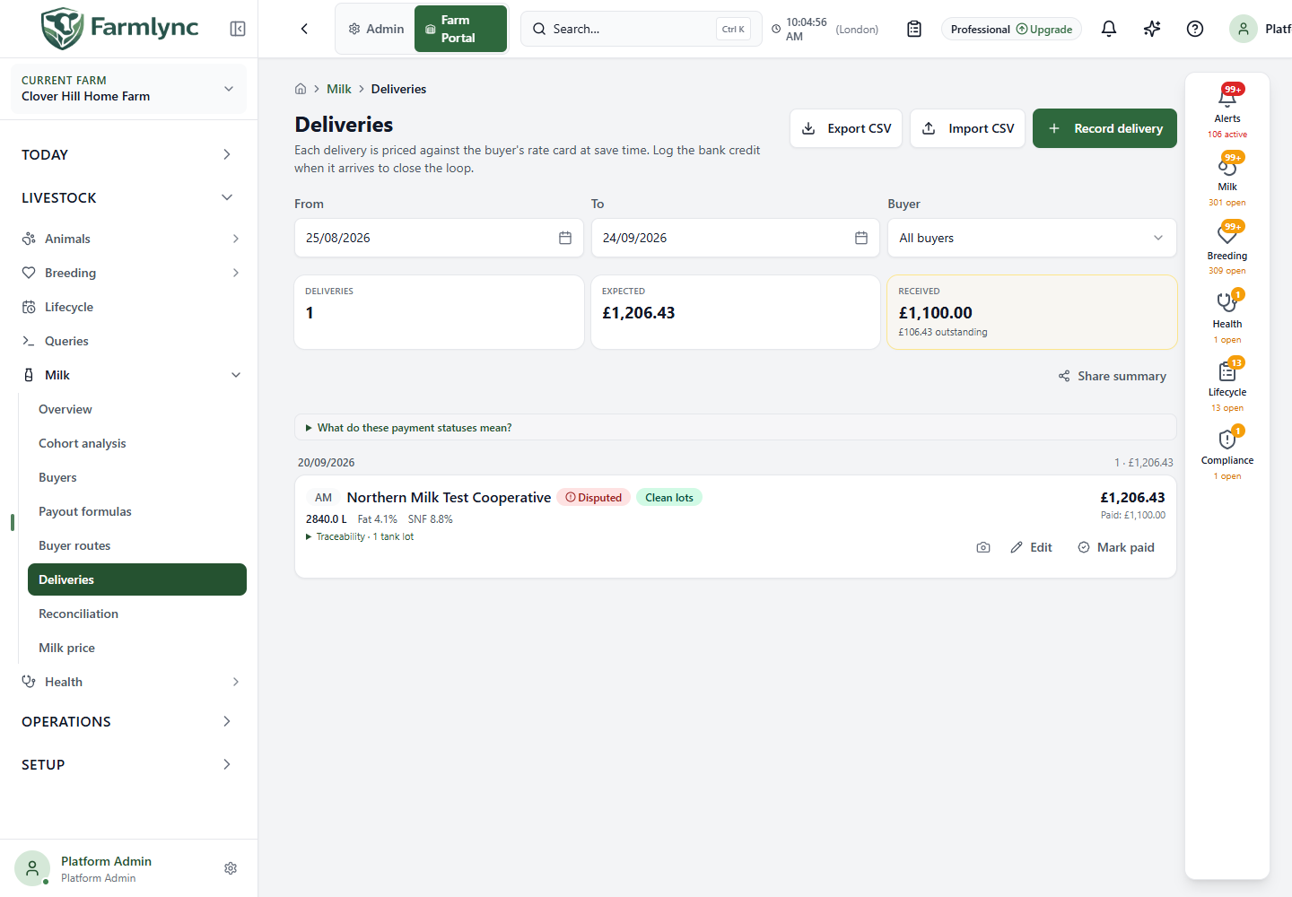 Milk deliveries ledger with filters and collection totals
