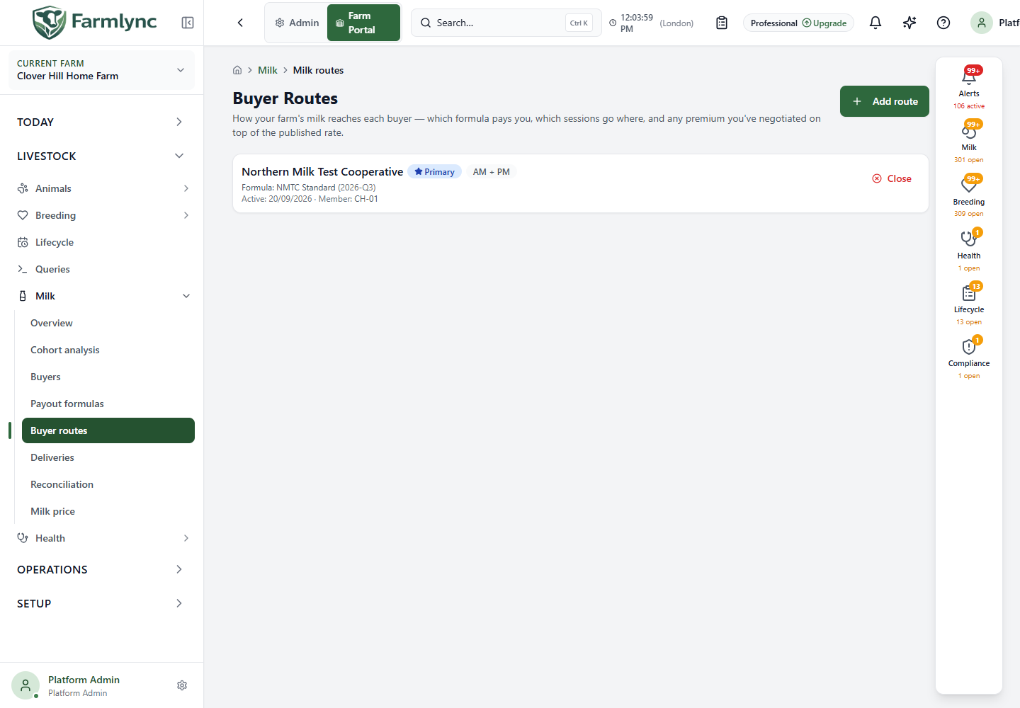 Farm buyer route with primary status and formula version