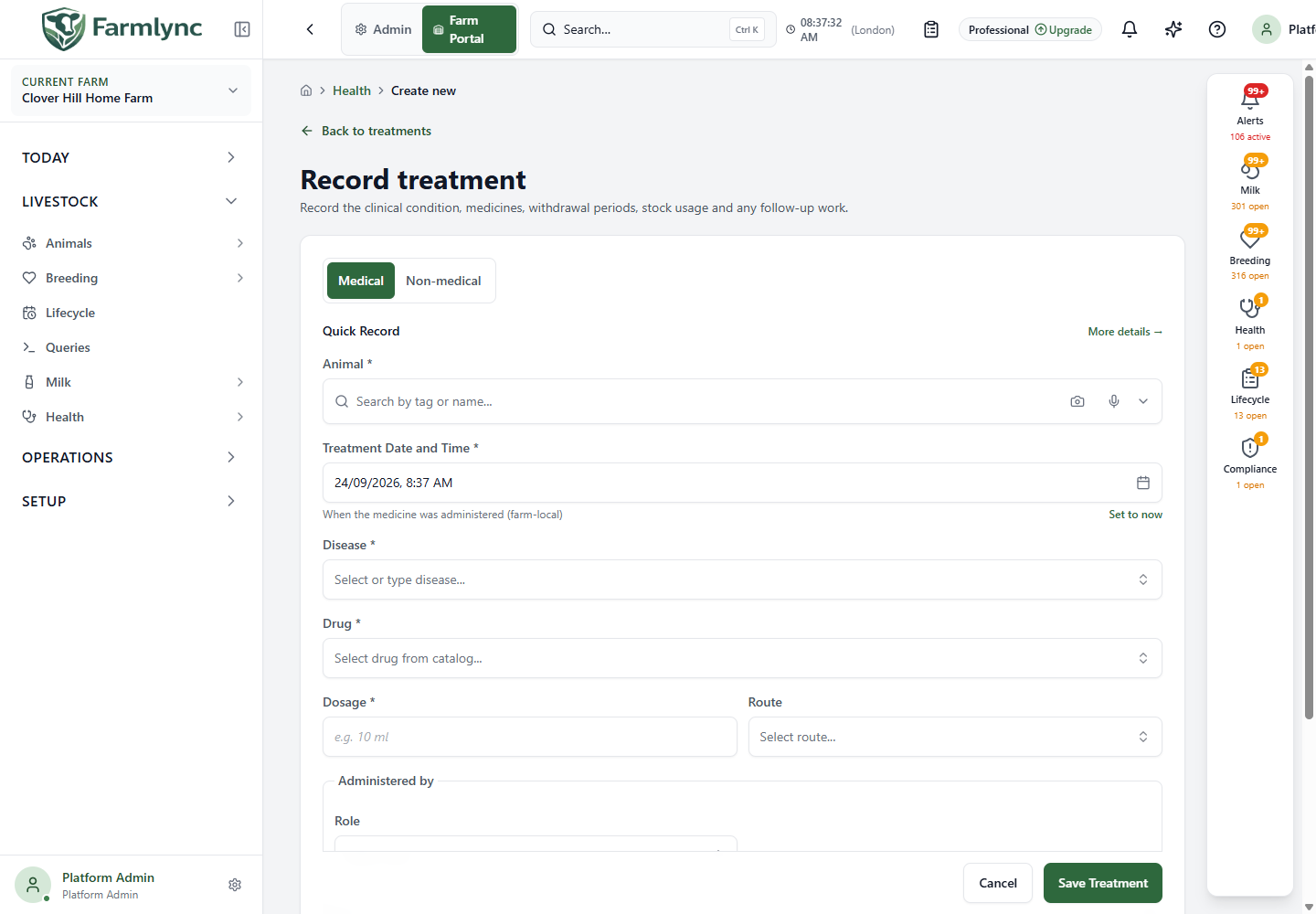 Quick treatment recording page
