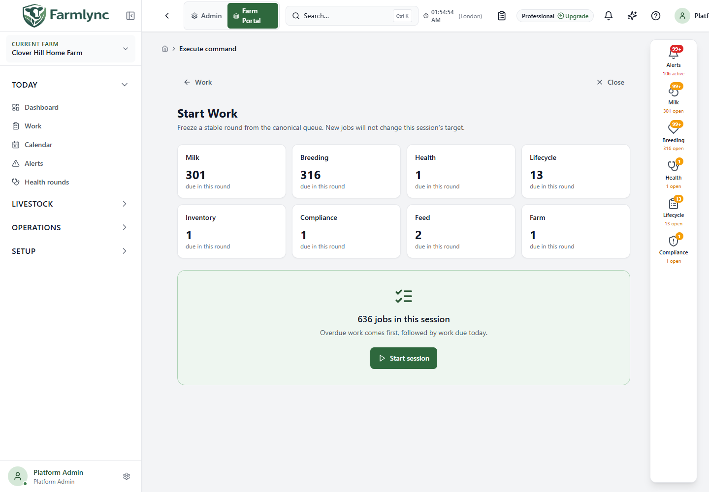 Start Work showing jobs due in each area and the Start session button