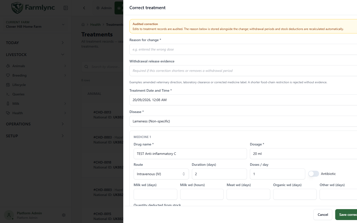 Audited treatment correction panel