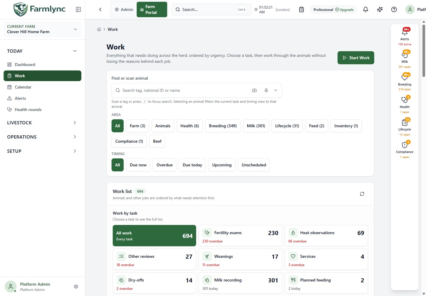 Work board with animal search, Area and Timing filters, and task cards